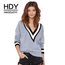 Load image into Gallery viewer, HDY Haoduoyi Autumn Fashion Loose Stripe V Neck Long Sleeve Casual Knitted Women Sweater Tops Jumper Tricot Pullovers