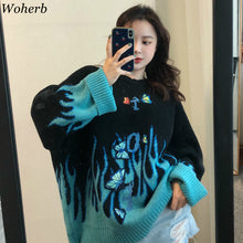 Load image into Gallery viewer, Woherb Autumn Winter Harajuku Flame Knit Sweater Butterfly Applique Womens Pullover Casual Loose Sweater Women Man Streetwear