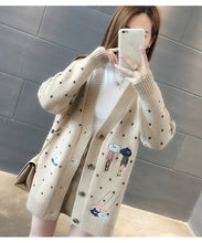 Load image into Gallery viewer, Women Sweaters Autumn Winter Outerwear Sweater V-neck Casual Knit Cardigans Cartoon Embroidery Long Sleeve Korean loose Cardigan
