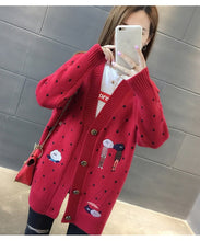 Load image into Gallery viewer, Women Sweaters Autumn Winter Outerwear Sweater V-neck Casual Knit Cardigans Cartoon Embroidery Long Sleeve Korean loose Cardigan
